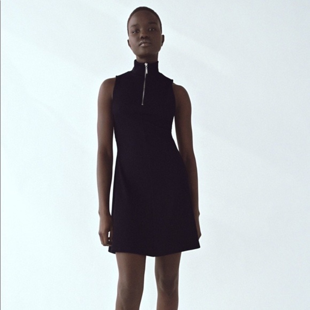 Zara Sleeveless Ribbed Quarter Zip Mini Dress Size M Mock Neck Skater Black